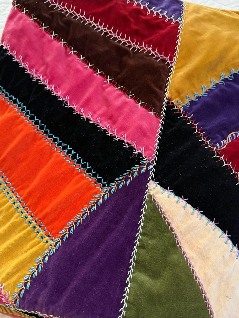Vintage Crazy Patch Velvet Quilt 66x84 Hand Embroidered Boho Victorian